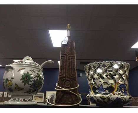 PORTMEIRION TUREEN, POOLE POTTERY LAMP IN THE STYLE OF TROIKAtogether with paraffin oil lamp and two other items (4)