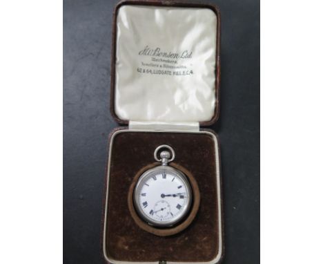 A silver Dennison case pocket watch with a Rolex movement top wind, 45mm wide, clean condition - working in saleroom 