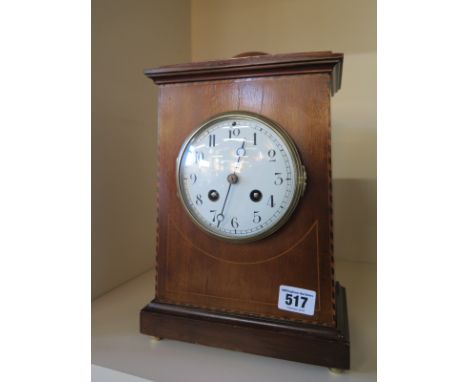 A French 8 day mahogany case Arts and Crafts style mantle clock - Height 30cm - working in the saleroom 