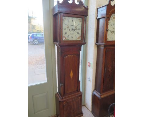 An 8 day longcase clock with a square painted dial signed Rob Williams with a second hand and calendar with weights and pendu