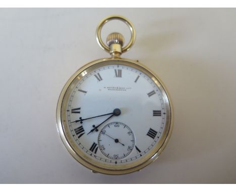 An 18ct yellow gold cased open faced pocket watch by W. Batty & Sons Ltd Manchester, white enamel dial with Roman numerals, s