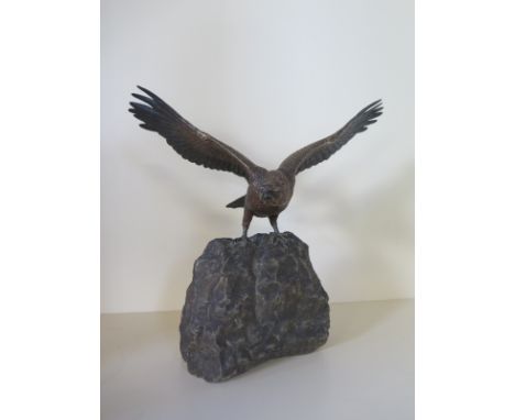 A good quality Austrian cold painted bronze Eagle on a stone outcrop with spread wings by Bergman stamped GBSCHUTZT - Height 