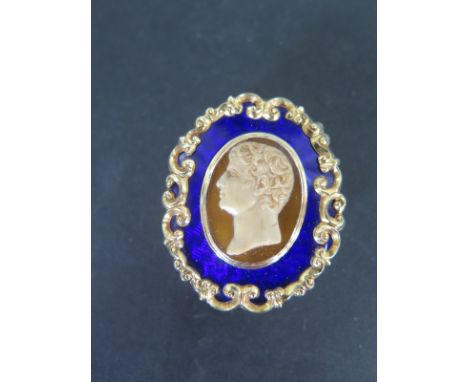 A good quality cameo brooch with a blue guilloche enamel and gilt metal setting, converted to a silver box hallmarked London 