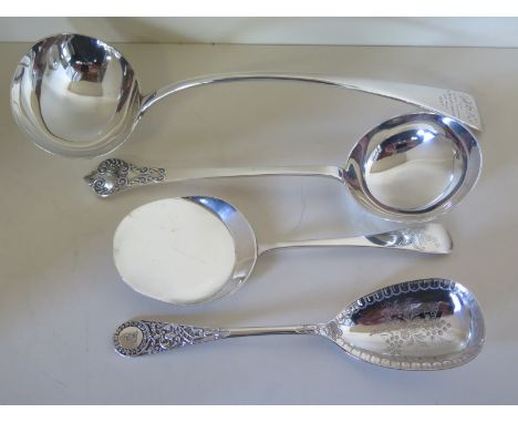 Three hallmarked silver ladles and a silver berry spoon - approx total weight 20 troy oz - all in good condition 