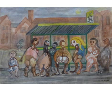 Edward Morgan, Bus Stop Wait, watercolour, 23 x 33cms, framed