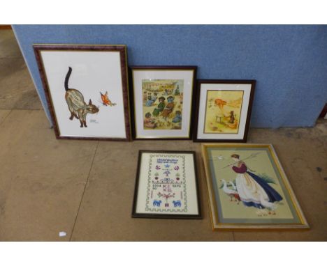 Two Louis Wain prints and three embroideries