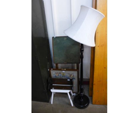 A card table, embroidered fire screen, standard lamp, painted stool and an oak book rack