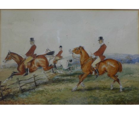 English School, fox hunting scene, watercolour and a print