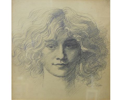An Augustus John portrait print, John Mathieson &amp; Co. label verso, 17 x 17cms, framed