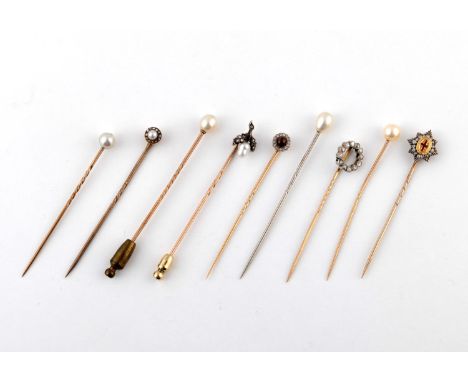 A DIAMOND AND GOLD STICK PIN FOR THE COLDSTREAM GUARDS together with other assorted diamond and cultured pearl stick pins