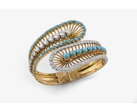 A TURQUOISE, DIAMOND AND GOLD HALF HINGED BANGLE the cross-over design mounted with circular turquoise cabochons and brillian