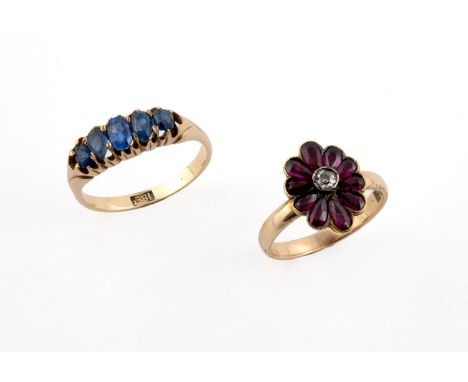 A SAPPHIRE FIVE STONE RING set with five oval-shaped sapphires in 18ct yellow gold, size S, together with a ruby and diamond 