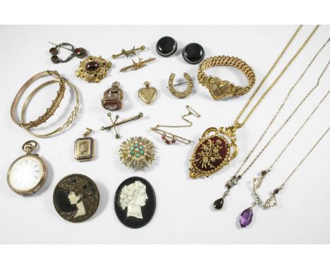 A QUANTITY OF JEWELLERY including a 9ct gold, turquoise and pearl set sunburst brooch, a ruby and pearl set gold crescent bro