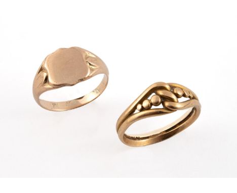 A 9CT GOLD SIGNET RING 3.0 grams, size P, together with an 18ct gold ring, 5.0 grams, size R