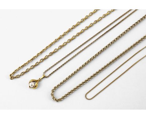 A 9CT GOLD FANCY LINK NECKLACE 59cm long, 20.2 grams, together with another 9ct gold fancy link necklace, 44cm long, 16.1 gra