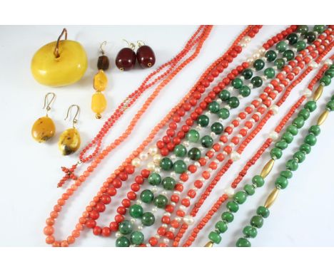 A QUANTITY OF CORAL AND JADE BEAD NECKLACE and various other items