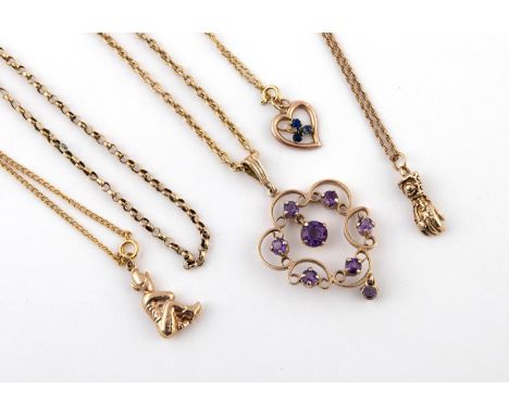 AN AMETHYST AND 9CT GOLD OPENWORK PENDANT mounted with circular-cut amethysts, on a 9ct gold chain, total weight 14.4 grams, 