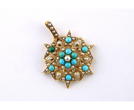 A GOLD, TURQUOISE AND PEARL STAR BROOCH PENDANT mounted with circular turquoise cabochons and small pearls, in gold, with det