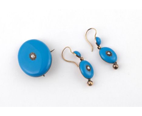 A VICTORIAN BLUE ENAMEL AND GOLD BROOCH the oval shaped mount with turquoise enamel centred with a small pearl, in gold, with