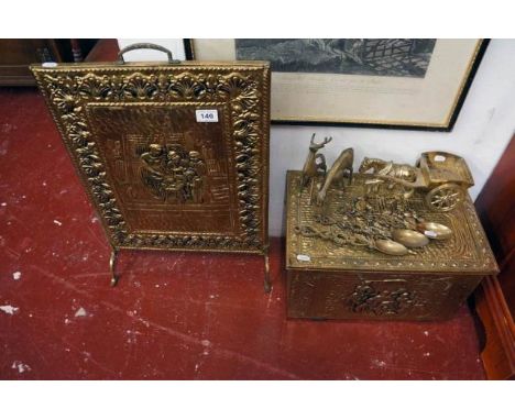 Collection of brass to include coal box, firescreen etc