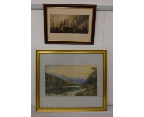 Watercolour lake scene &amp; battle of Trafalgar print
