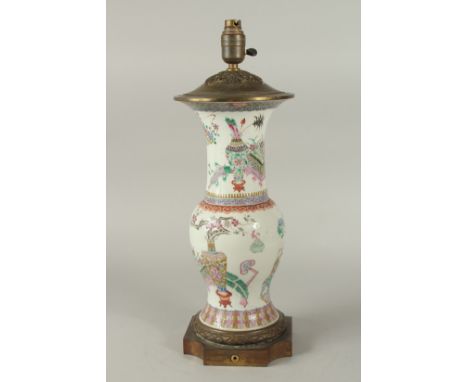 A FINE 19TH CENTURY CHINESE FAMILLE ROSE PORCELAIN VASE CONVERTED TO A LAMP, with painted enamels depicting vases of flowers,