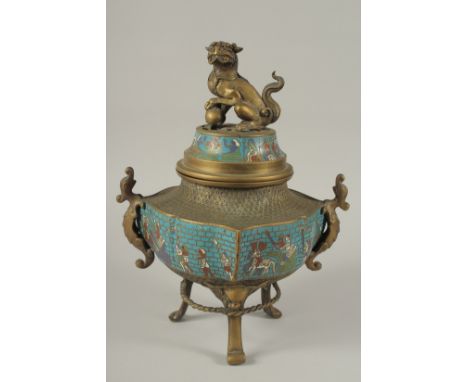A CHINESE ENAMELLED BRASS TRIPOD CENSER AND COVER, with lion dog finial and twin dragon handles, the enamelled bands with Egy