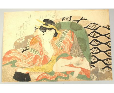 AN EARLY 19TH CENTURY ORIGINAL JAPANESE WOODBLOCK PRINT: SHUNGA, (unknown artist).
