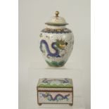 A CHINESE CLOISONNE DRAGON JAR AND COVER, together with a similarly designed box with hinged lid, (