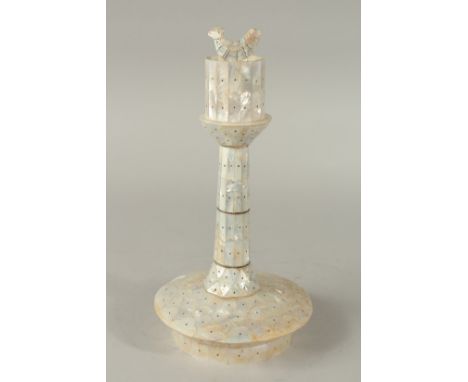 AN INDIAN GOA MOTHER OF PEARL CANDLE HOLDER, 32cm high.