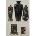THREE JAPANESE CLOISONNE VASES, together with two enamelled matchbox holders, tallest vase 19cm