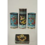 FIVE CHINESE CLOISONNE ITEMS; comprising a pair of cylindrical pots, a cylindrical lidded box, and