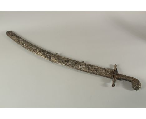 A LARGE AND HEAVY OTTOMAN BALL AND WHITE METAL SWORD'S HILT AND SCABBARD, hilt 19cm long, scabbard 93cm long.