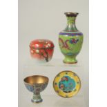 A COLLECTION OF FOUR CHINESE CLOISONNE ITEMS: comprising a dragon vase, a stem cup, a lidded