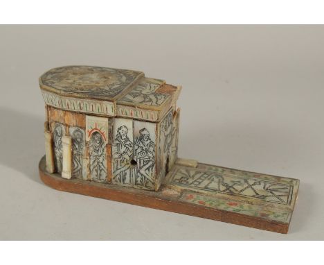 A RARE 18TH CENTURY JERUSALEM ENGRAVED MOTHER OF PEARL CLAD OLIVE WOOD ARCHITECTURAL MODEL, 19cm long.