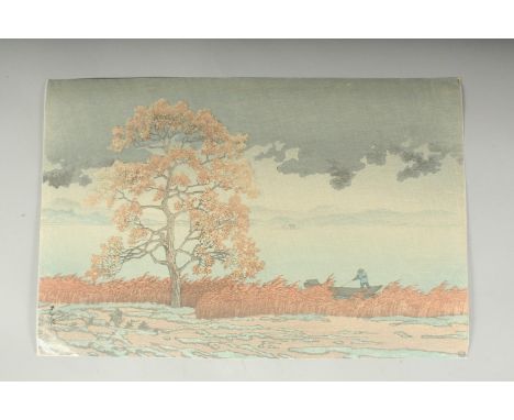 HASUI KAWASE (1883-1957): LAKESIDE SHOWER AT MATSUE, c. 1930s; an original Japanese woodblock print.