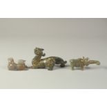 A COLLECTION OF THREE GILDED CARVED JADE ANIMALS / BEASTS, (3).