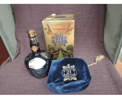 A bottle of Royal Salute Scotch Whisky, The Sapphire Flagon, 21 year old, 40% vol, 1 litre, velvet draw string bag, card box