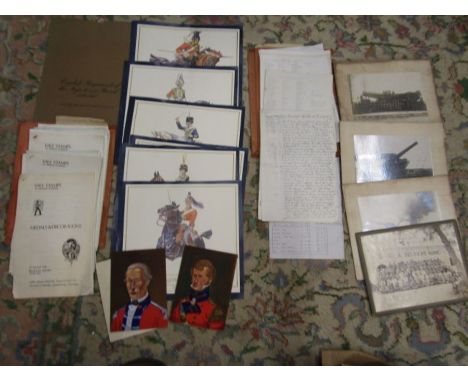 Military ephemera wartime photo's, a folder containing medal roles ephemera, Geoff Nutkins prints of guards on horses, epheme