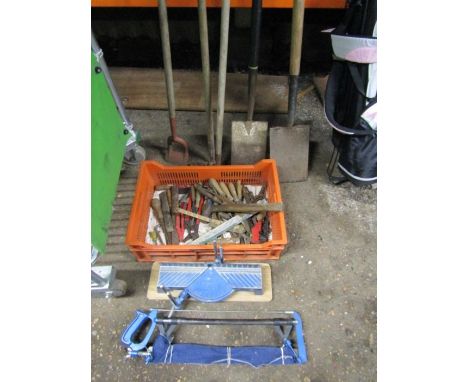 Hand tools, long handle tools and a mitre saw