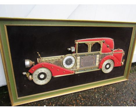 G. Burgess of London original metallic collage of a classic car made with various metal pieces such as clock parts, keys, saf