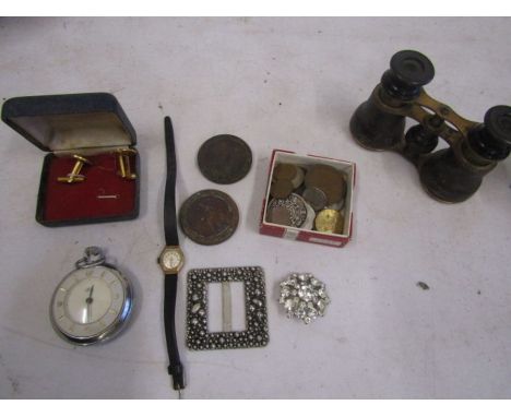 collectors lot- opera glasses, cranberry mini oil lamp, mini bellows, coins etc