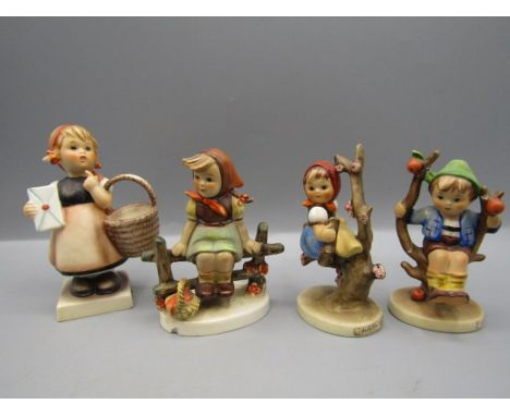 4 vintage Goebel figures 'apple tree girl 'apple tree boy'(A/F) 'meditation' and one other -girl on fence also a/f
