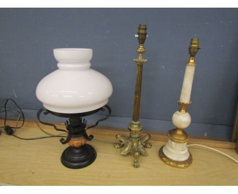 3 Table lamps including ornate brass and onyx (glass shade is not correct one for black lamp)&nbsp;