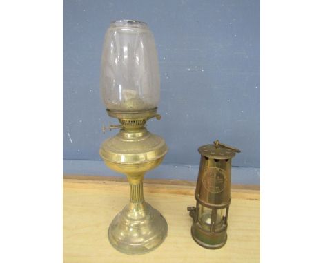 Brass miners lamp and oil lamp with glass shade&nbsp;
