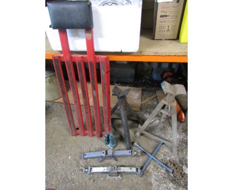Mechanics lot- axle stands, under car roller, bottle jack, 2 jacks etc