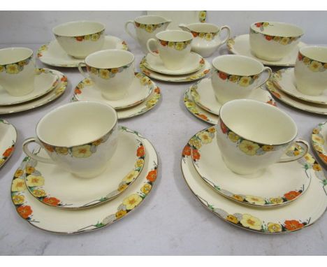 Alfred Meakin Orange red flowers vintage part tea set- 2 cake plates, 8 side plates, 8 saucers, 8 tea cups, sugar bowl, milk 