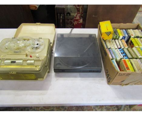 Reel to Reel player, record player and a box of 8 track tapes