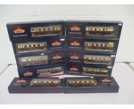 A collection of ten boxed Bachmann OO gauge British Railway Crimson &amp; Cream coaches including the Restaurant Miniature Bu