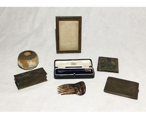 A small collection of items including a hallmarked silver pickle fork with Scottish thistle top, cigarette case, trinket boxe